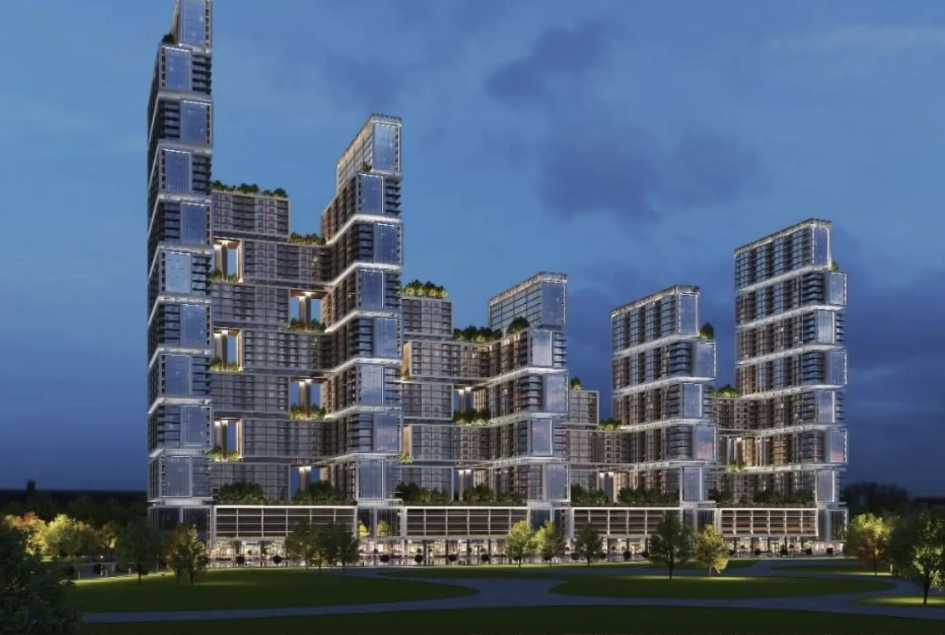 Sobha One towers at dusk, developer render